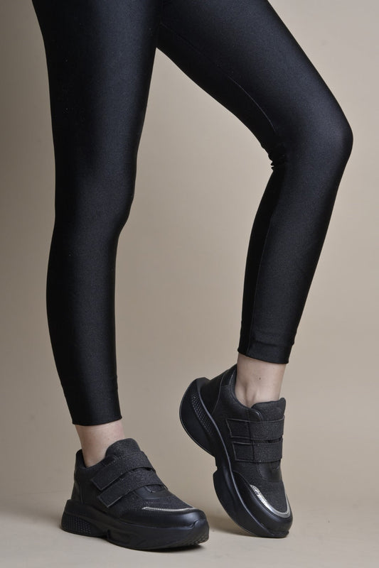 Jm Looks chunky sole sneakers with a glitter upper and three velcro straps
 Black