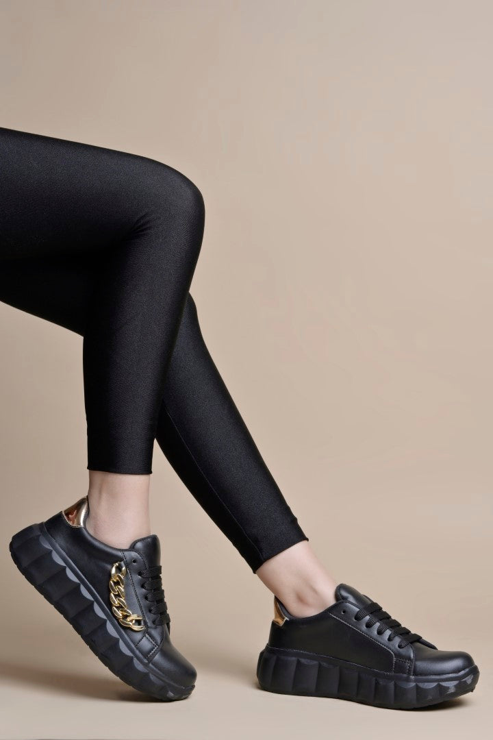 platform lace-up sneakers with a chunky sole and a decorative chain embellishment
 Black