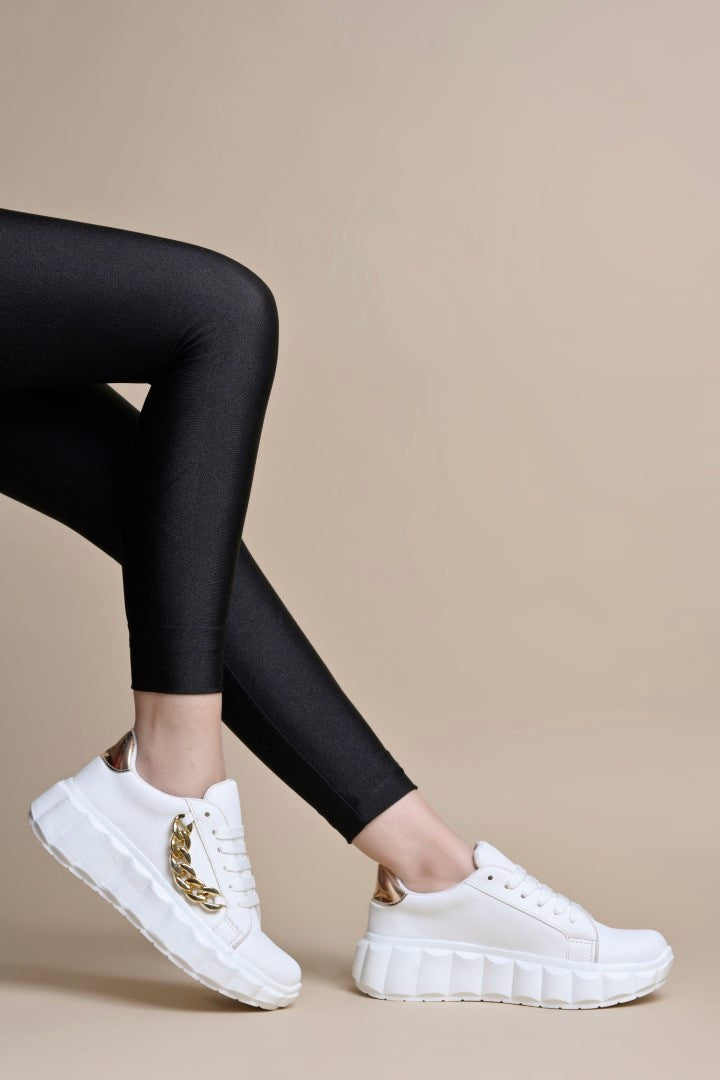 platform lace-up sneakers with a chunky sole and a decorative chain embellishment
 White