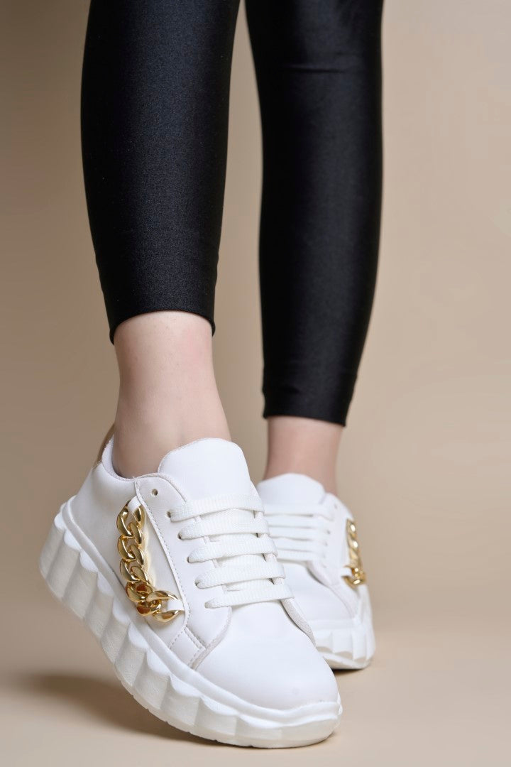 platform lace-up sneakers with a chunky sole and a decorative chain embellishment
 White