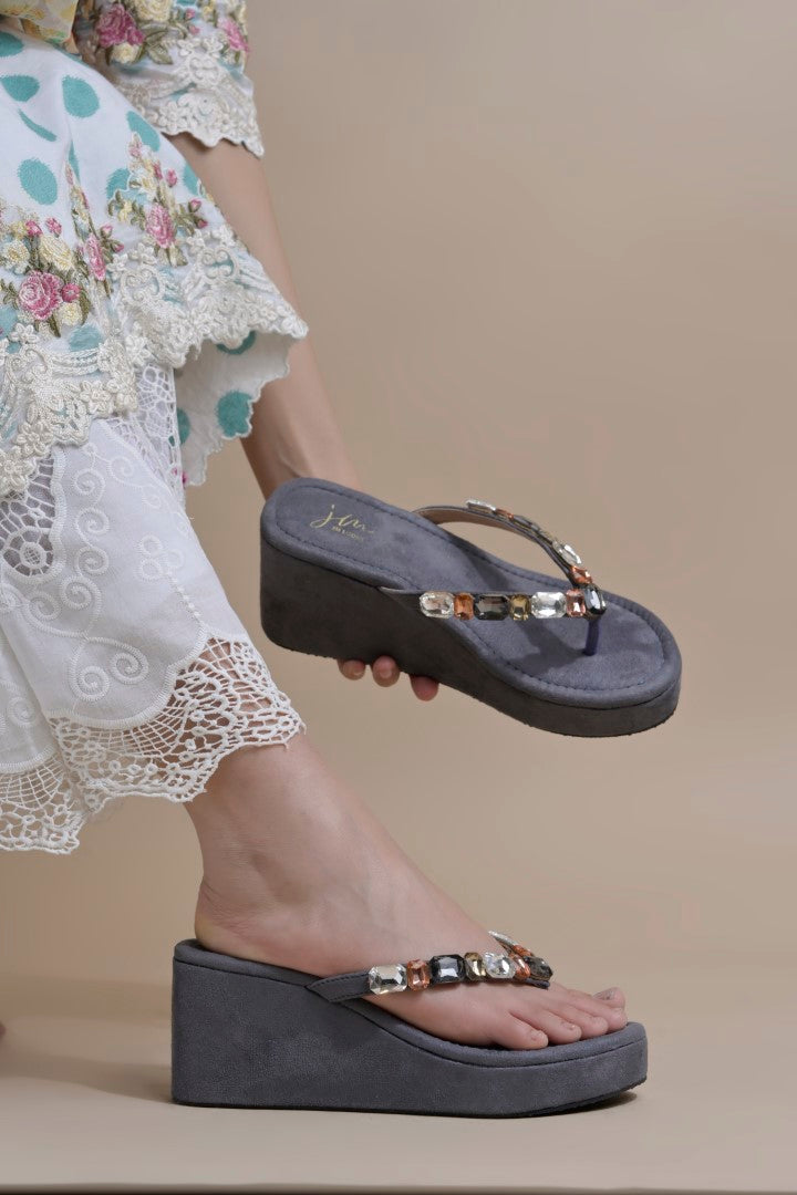 Platform sandals with gemstone strap detailing by Jm Looks for women and girls Grey