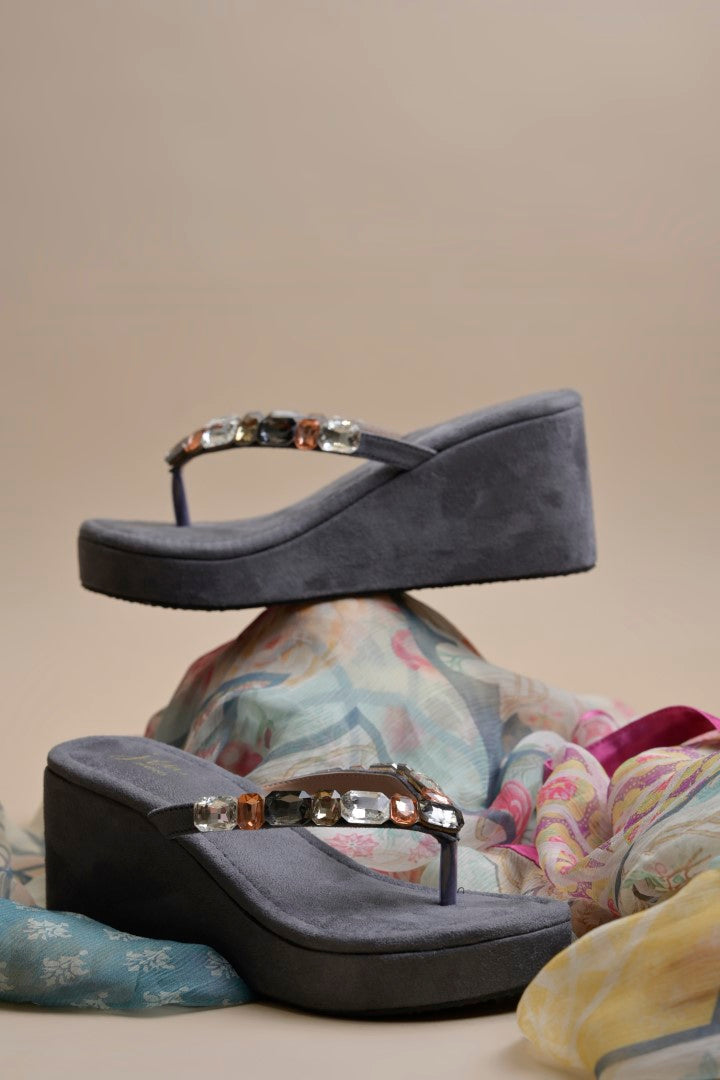Platform sandals with gemstone strap detailing by Jm Looks for women and girls Grey