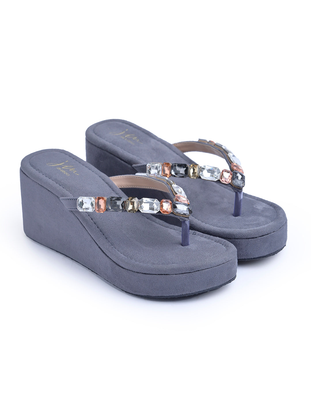 Platform sandals with gemstone strap detailing by Jm Looks for women and girls Grey