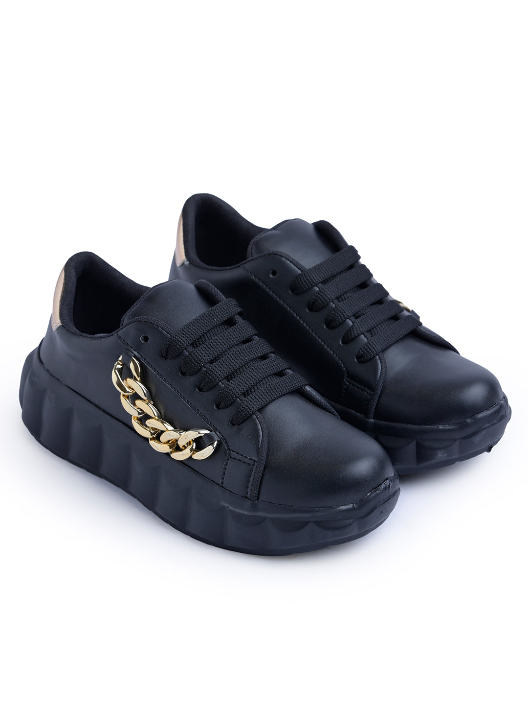 platform lace-up sneakers with a chunky sole and a decorative chain embellishment
 Black