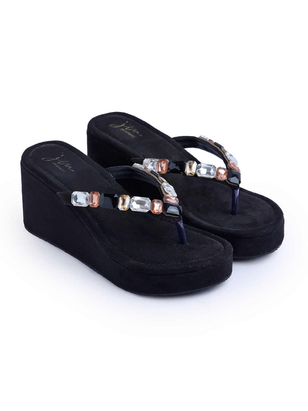 Platform sandals with gemstone strap detailing by Jm Looks for women and girls Black