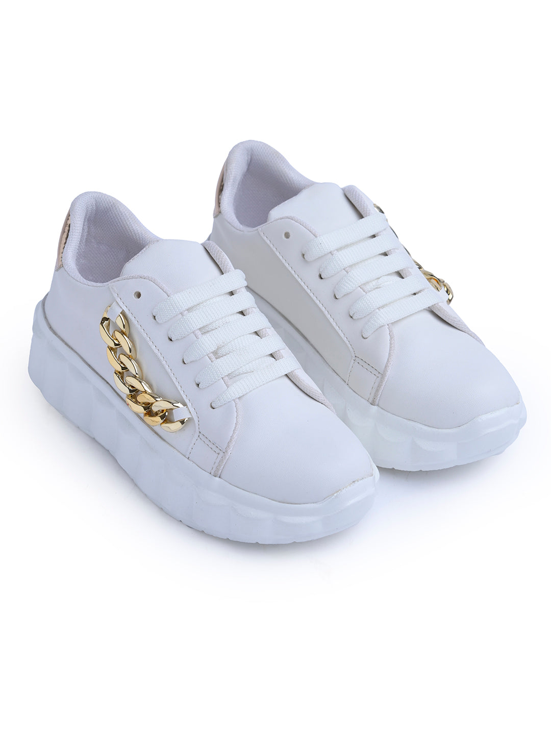 platform lace-up sneakers with a chunky sole and a decorative chain embellishment
 White