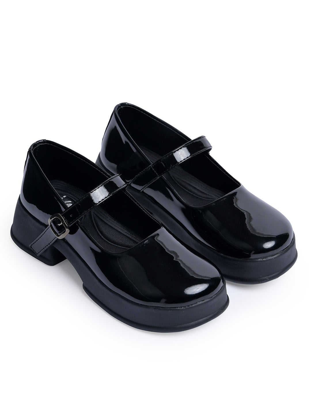 Jm Looks patent Mary Jane platform shoes with a buckled strap
 Black