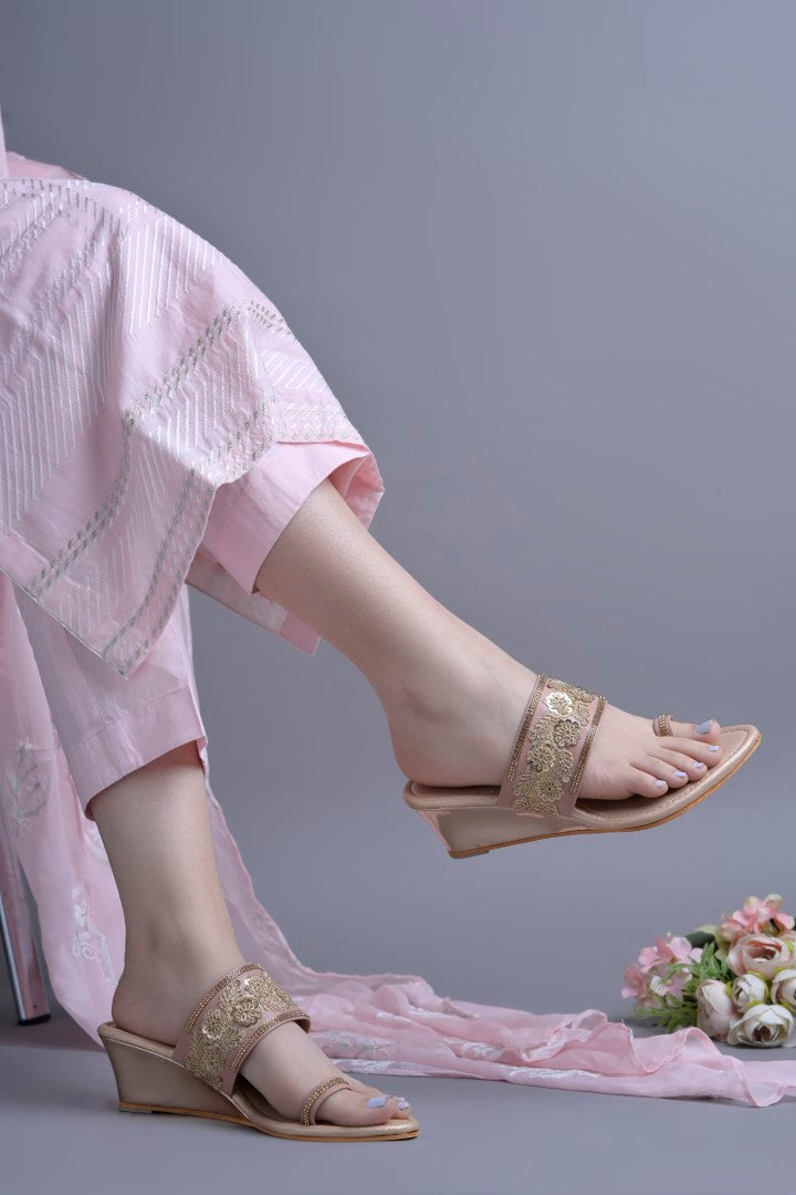 Jm Looks embroidered wedge sandals with a toe-ring design displayed with pearls
 Peach