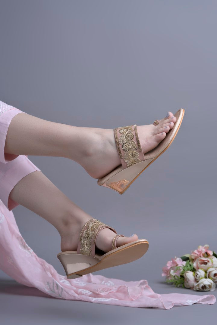 Jm Looks embroidered wedge sandals with a toe-ring design displayed with pearls
 Peach