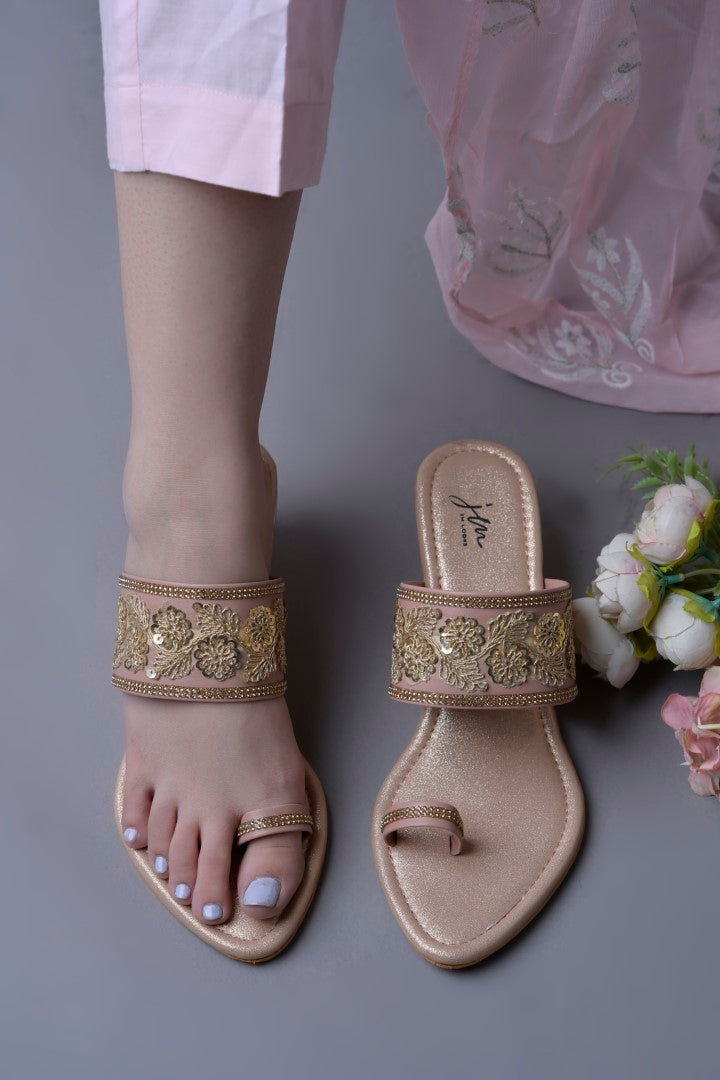 Jm Looks embroidered wedge sandals with a toe-ring design displayed with pearls
 Peach