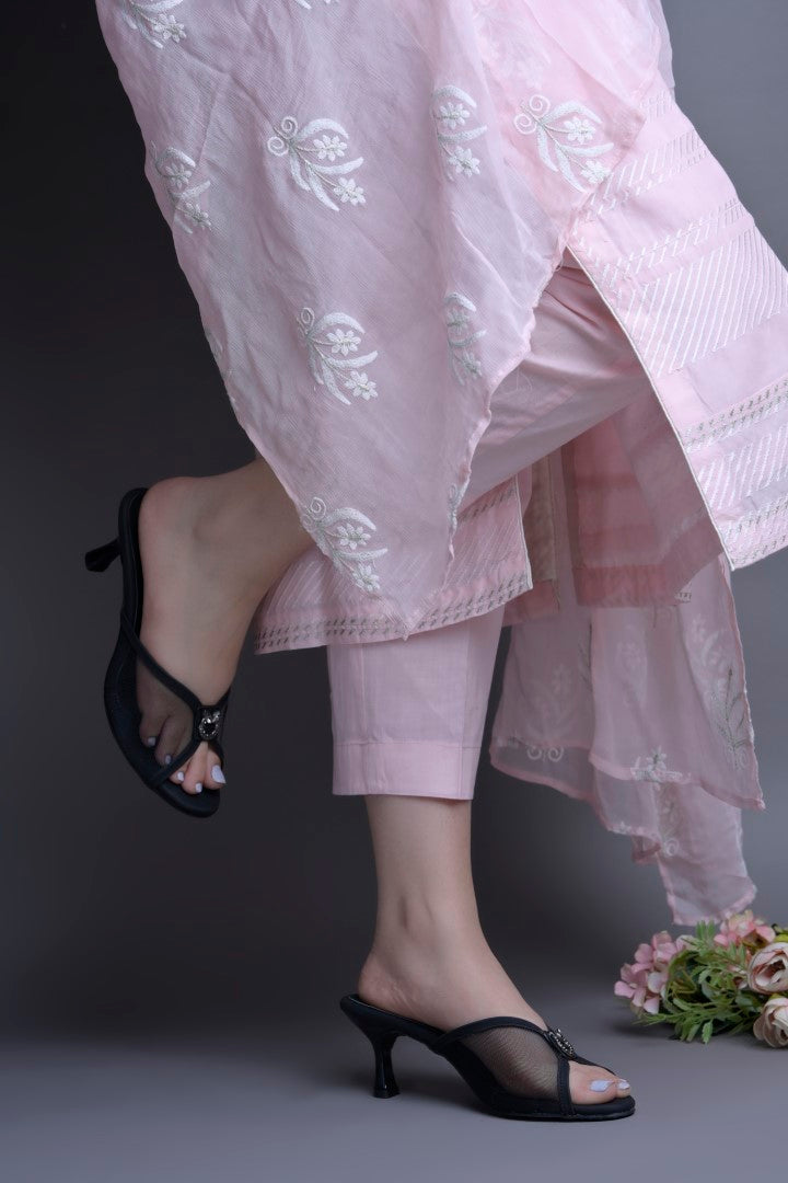 mesh kitten heel mules with an embellishment on the front
 Black