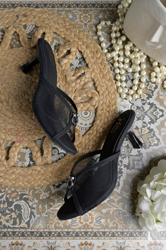 mesh kitten heel mules with an embellishment on the front
 Black