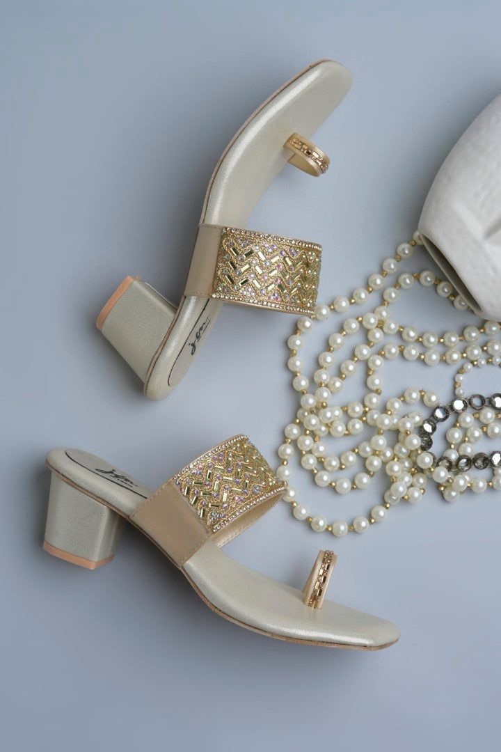 Jm Looks embellished block heel sandals with a toe-ring design
 Golden