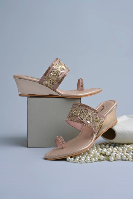 Jm Looks embroidered wedge sandals with a toe-ring design displayed with pearls
 Peach