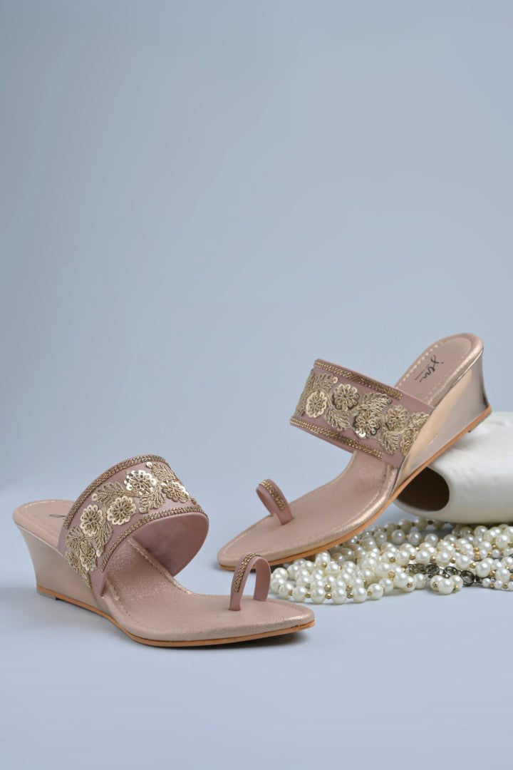 Jm Looks embroidered wedge sandals with a toe-ring design displayed with pearls
 Peach