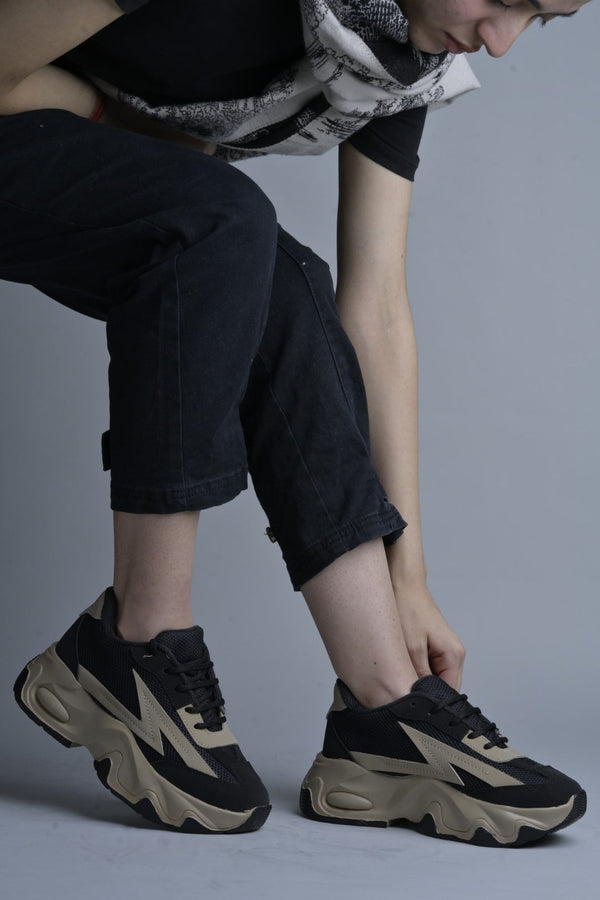 Black Beige Chunky Sneakers for Women lace-up mesh upper thick sole trendy casual stylish comfortable platform footwear
