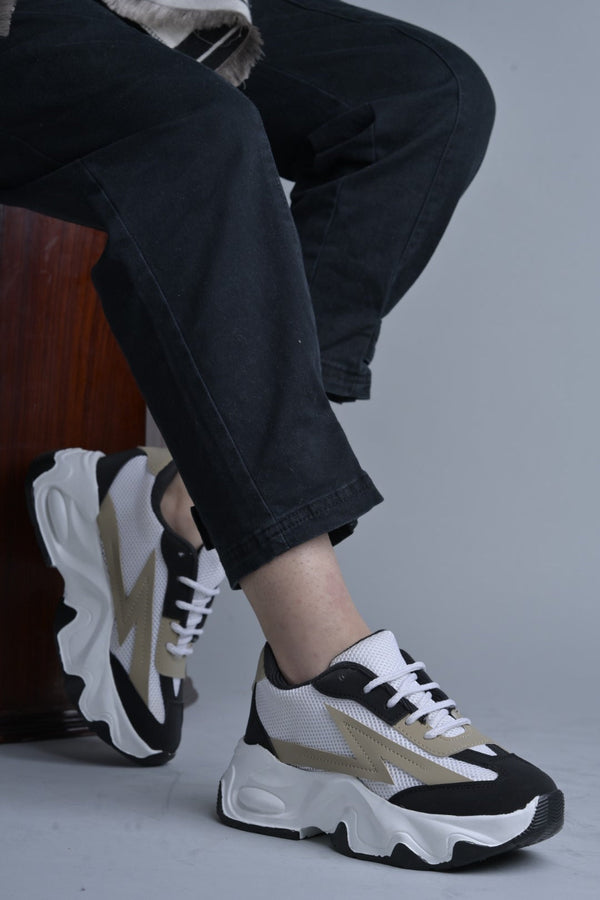 Beige White Chunky Sneakers for Women lace-up mesh upper thick sole trendy casual stylish comfortable platform footwear