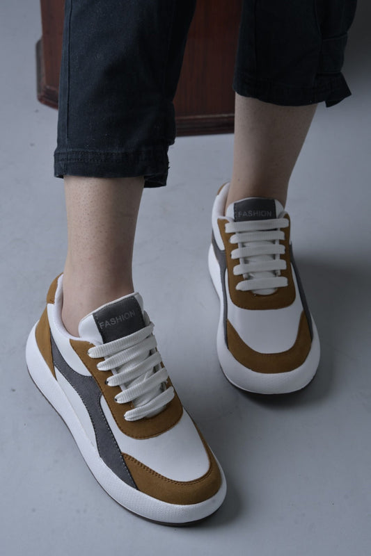 Jm Looks stylish comfort sneakers with contrasting panels and white laces
 Tan