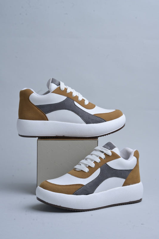 Jm Looks stylish comfort sneakers with contrasting panels and white laces
 Tan