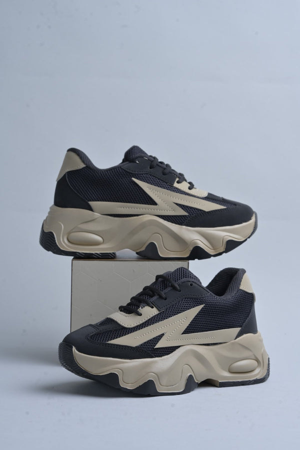 Black Beige Chunky Sneakers for Women lace-up mesh upper thick sole trendy casual stylish comfortable platform footwear