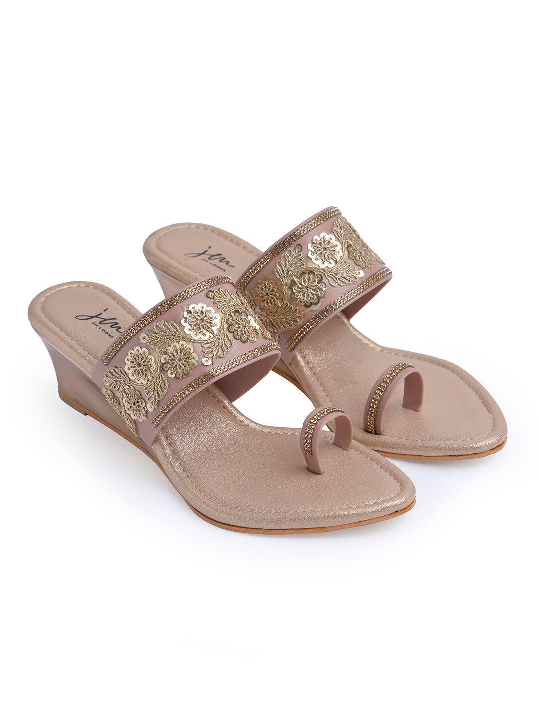 Jm Looks embroidered wedge sandals with a toe-ring design displayed with pearls
 Peach