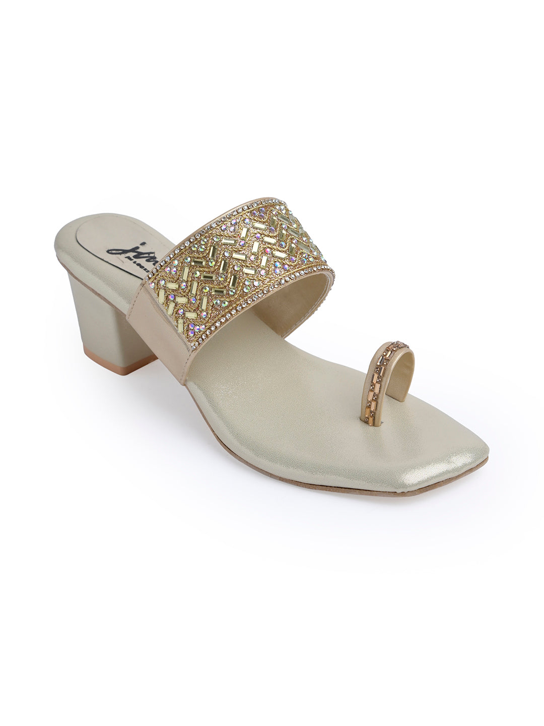 Jm Looks embellished block heel sandals with a toe-ring design
 Golden
