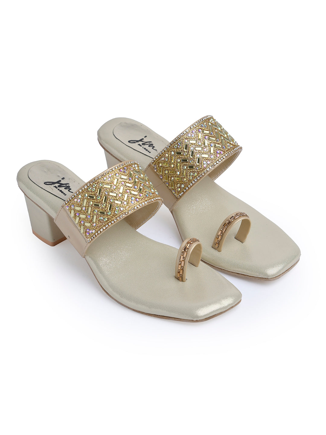 Jm Looks embellished block heel sandals with a toe-ring design
 Golden