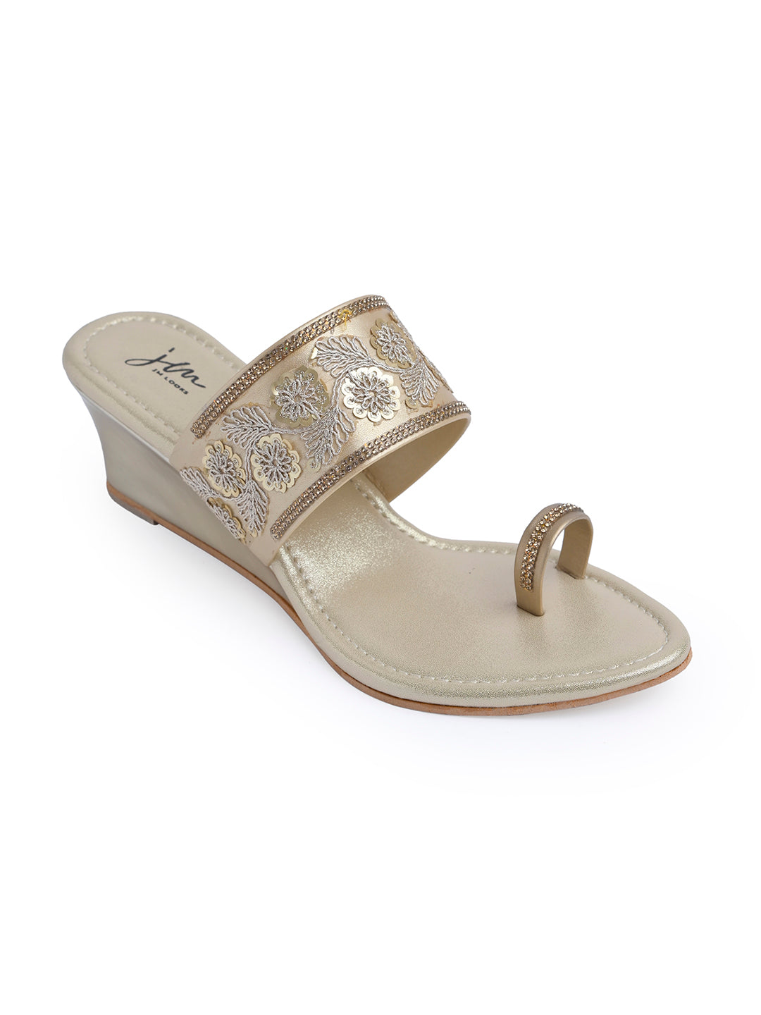 Jm Looks embroidered wedge sandals with a toe-ring design displayed with pearls
 Golden