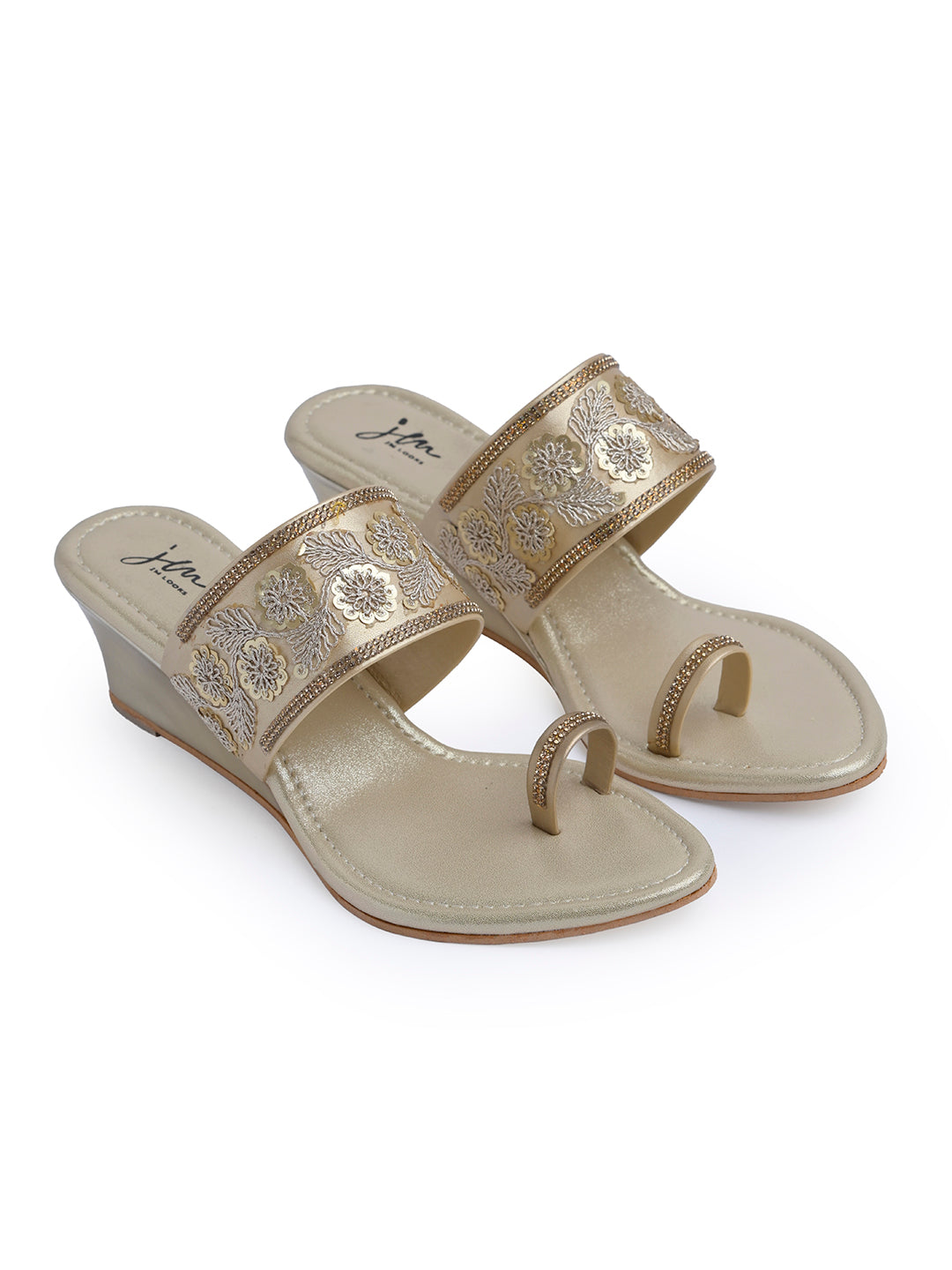 Jm Looks embroidered wedge sandals with a toe-ring design displayed with pearls
 Golden