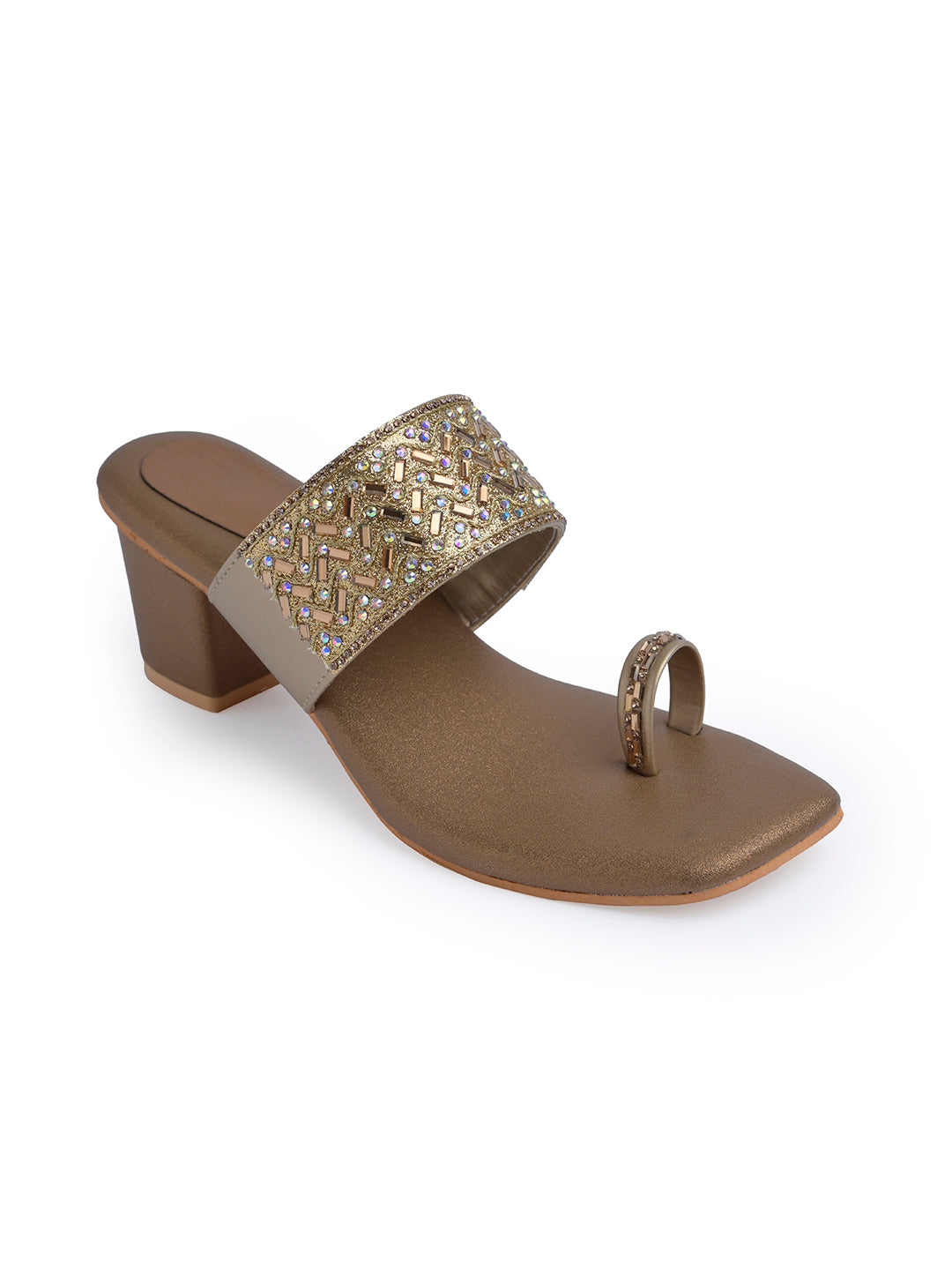 Jm Looks embellished block heel sandals with a toe-ring design
 Brown