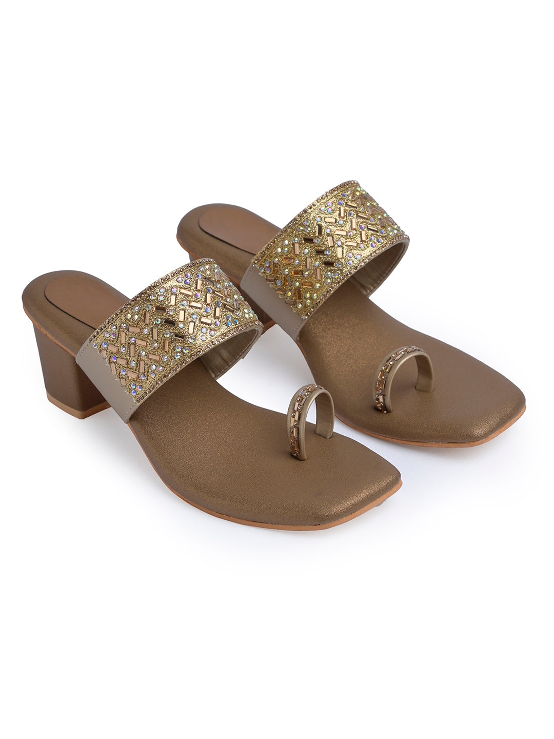 Jm Looks embellished block heel sandals with a toe-ring design
 Brown