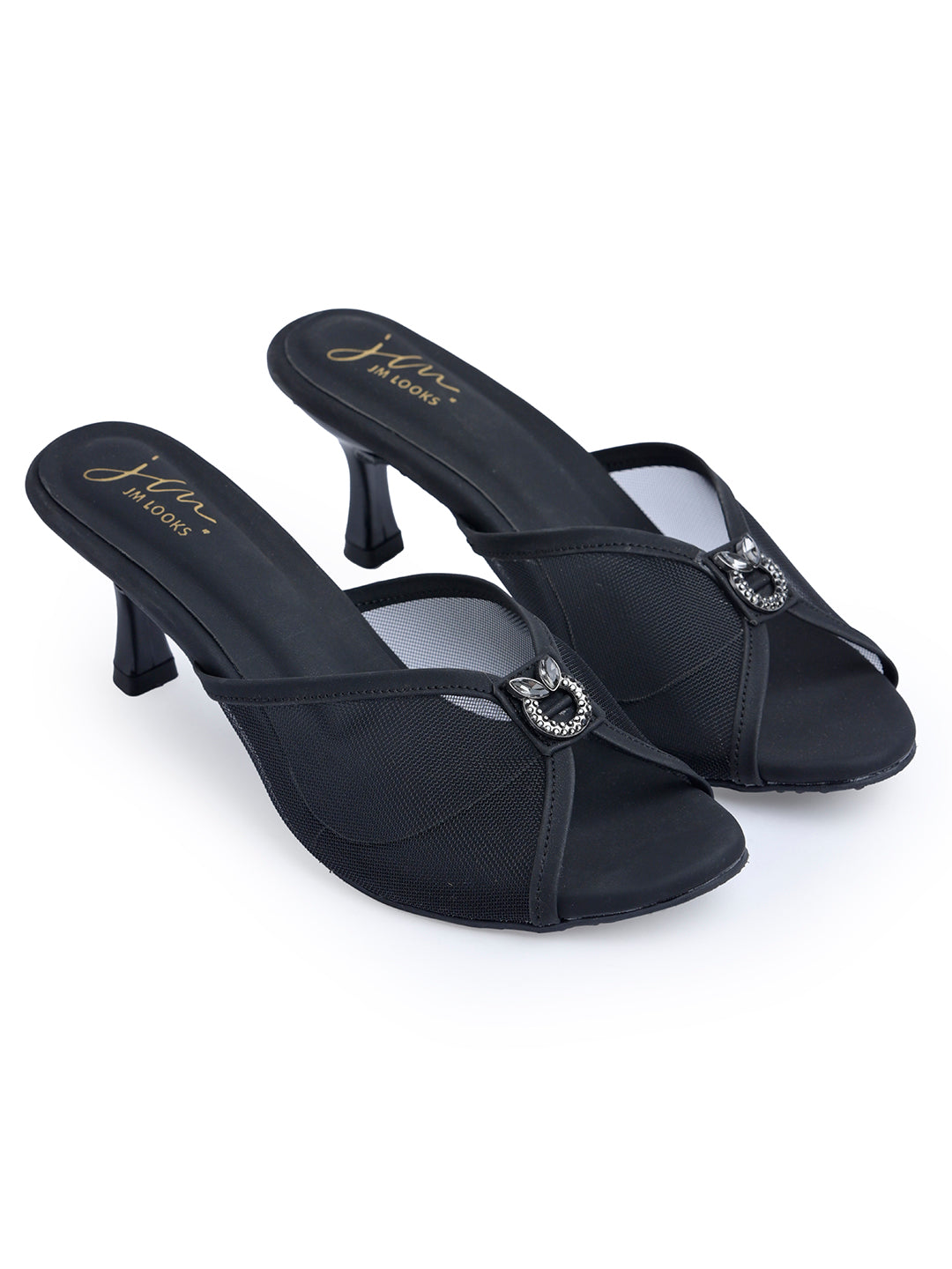 mesh kitten heel mules with an embellishment on the front
 Black