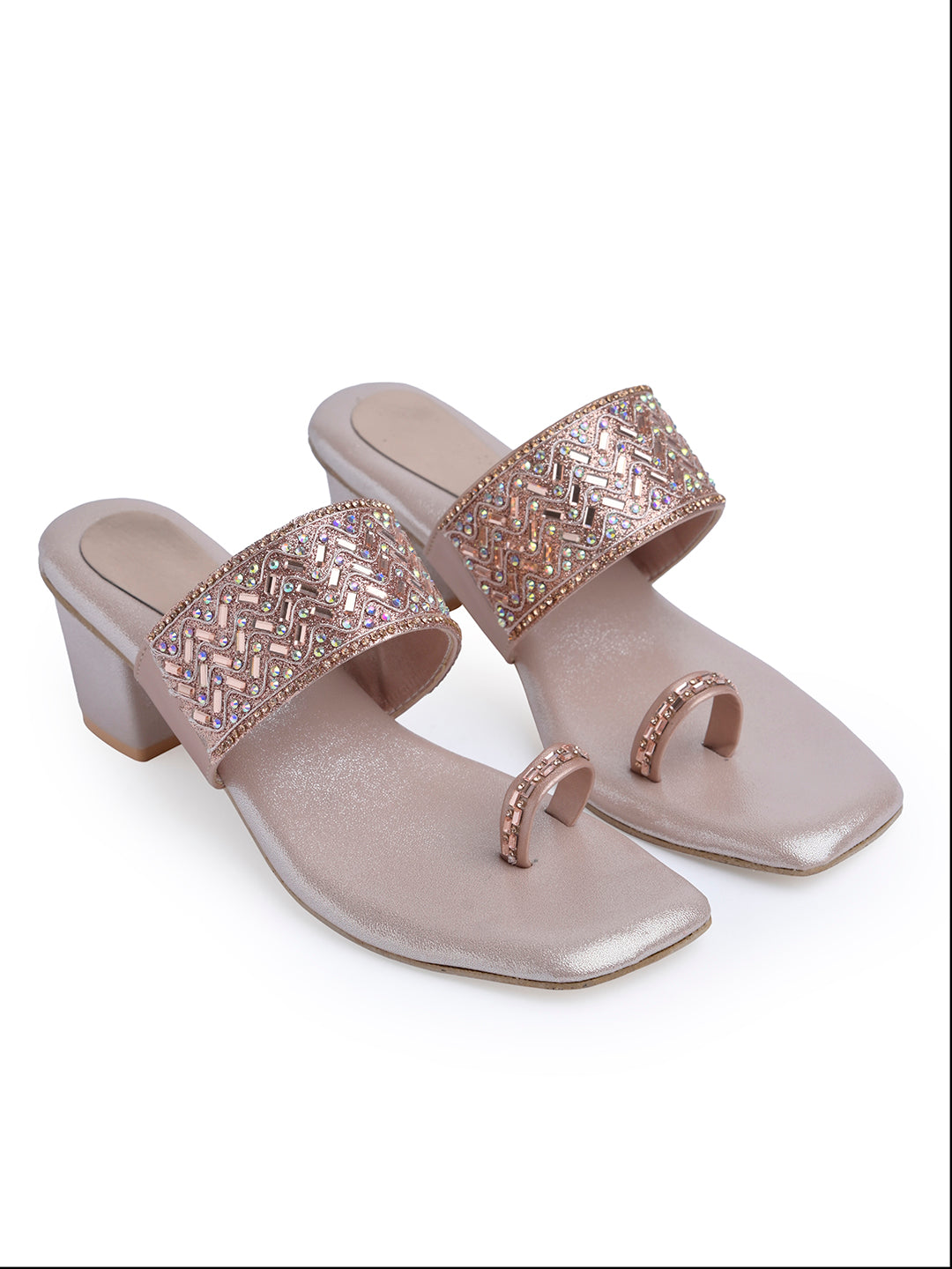 Jm Looks embellished block heel sandals with a toe-ring design
 Peach