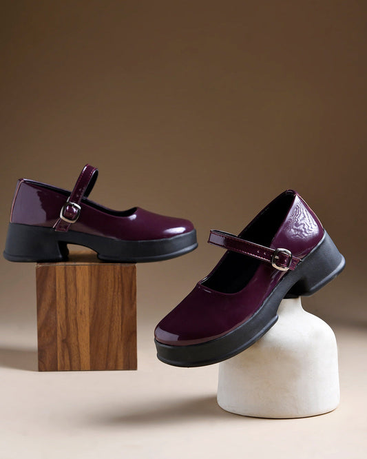 Jm Looks patent Mary Jane platform shoes with a buckled strap
 Cherry