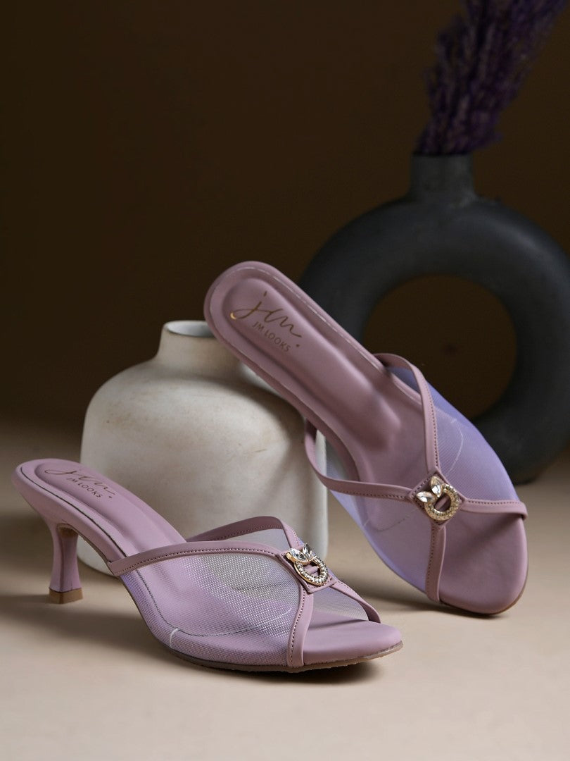 mesh kitten heel mules with an embellishment on the front
 Purple