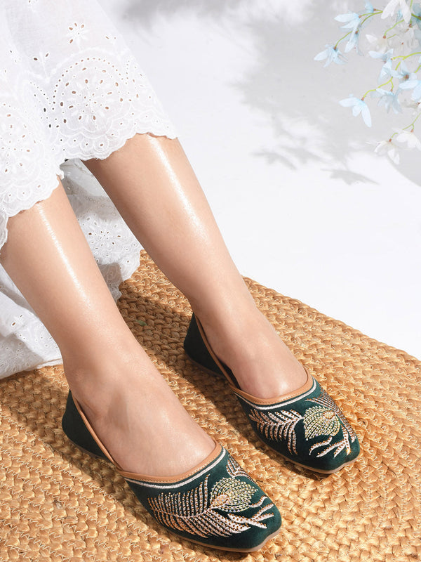 Green Embellished Slip-On ethnic Punjabi Wedding Jutti for Women 