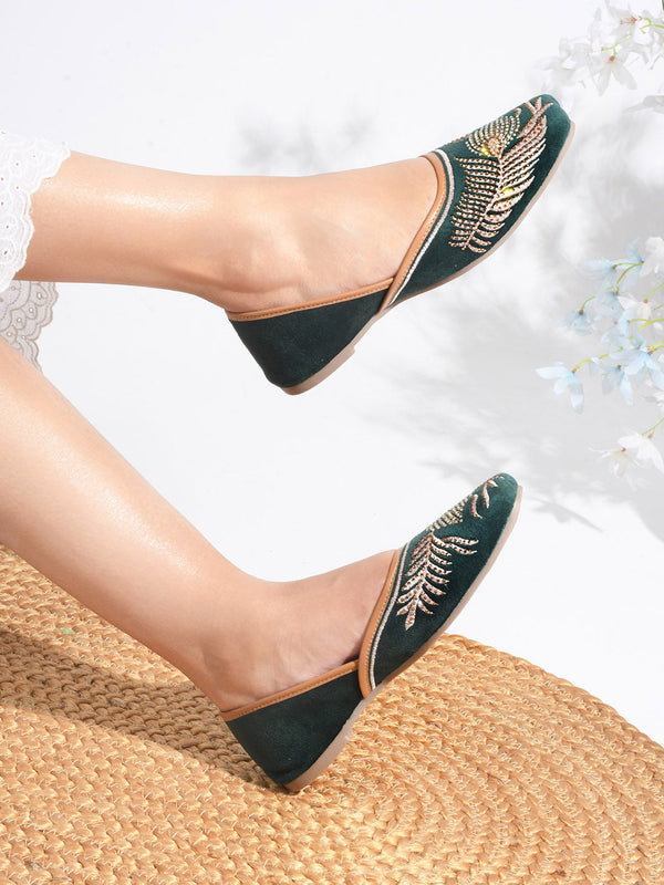 Green Embellished Slip-On ethnic Punjabi Wedding Jutti for Women 