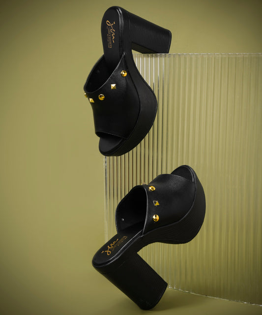 Black Block Heel Mules for Women with Gold Stud Details, Open Toe Platform Design and Comfortable Fit