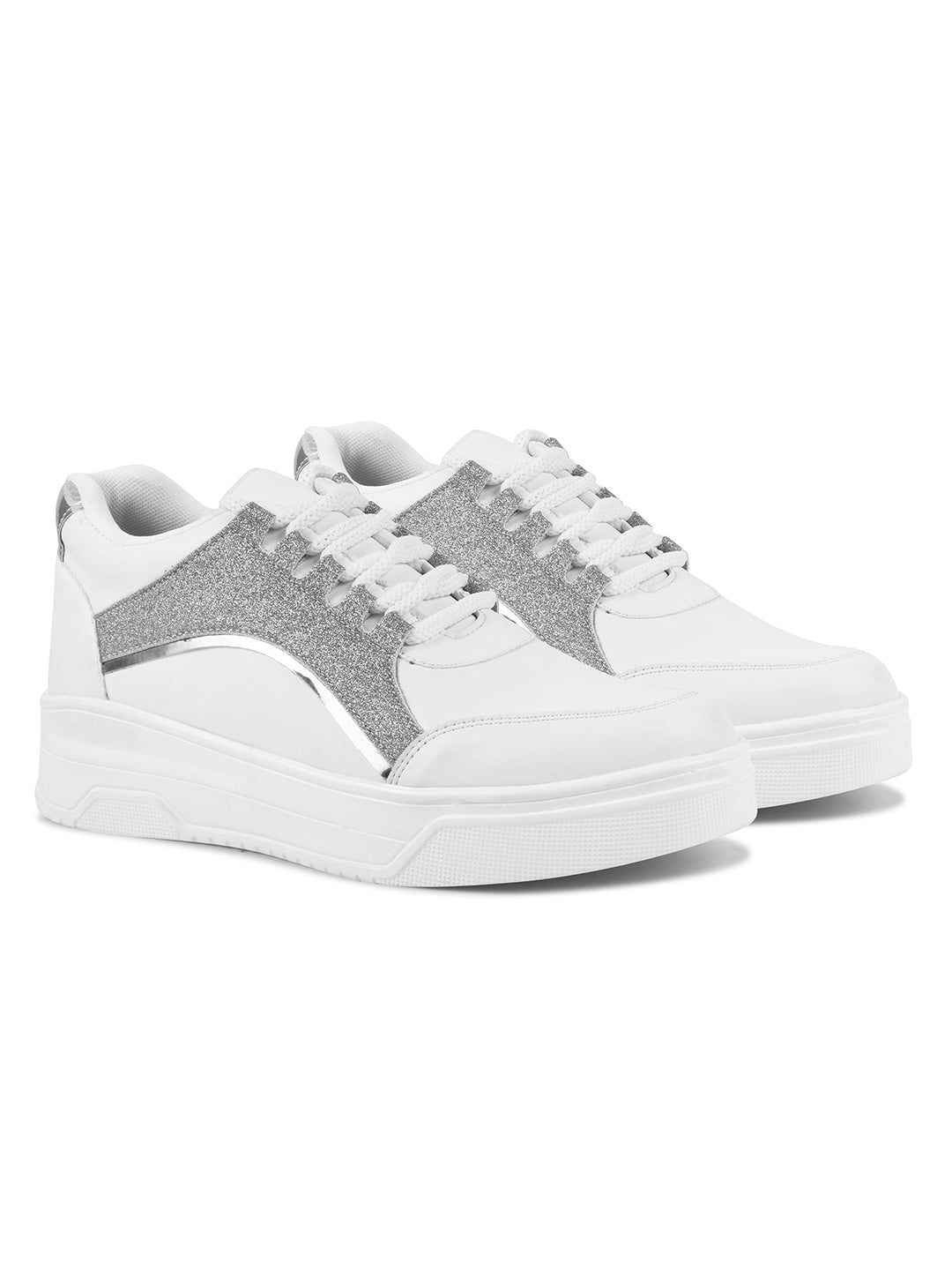 platform lace-up sneakers with a sparkly side panel and a chunky sole
 Silver