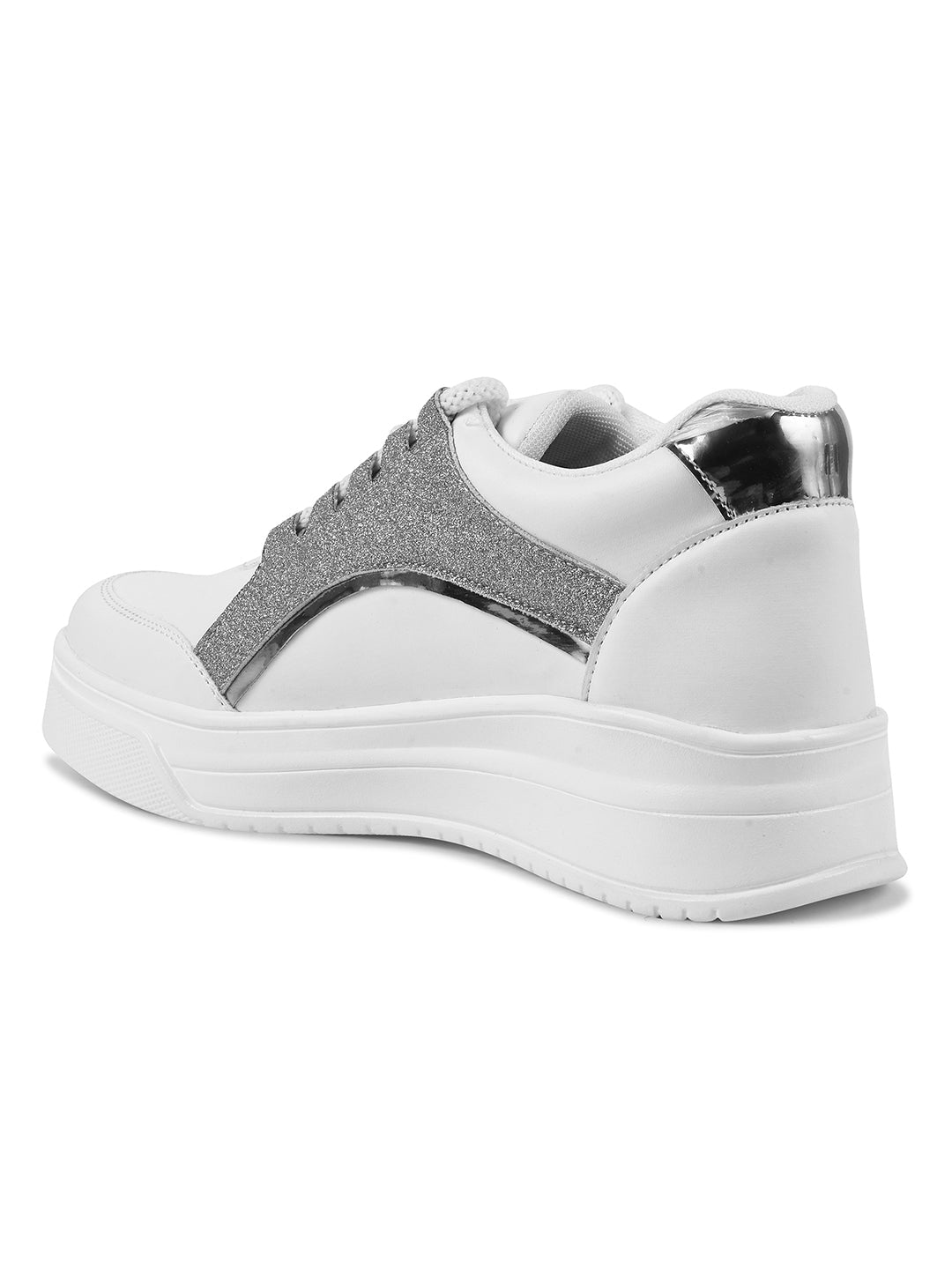 platform lace-up sneakers with a sparkly side panel and a chunky sole
 Silver