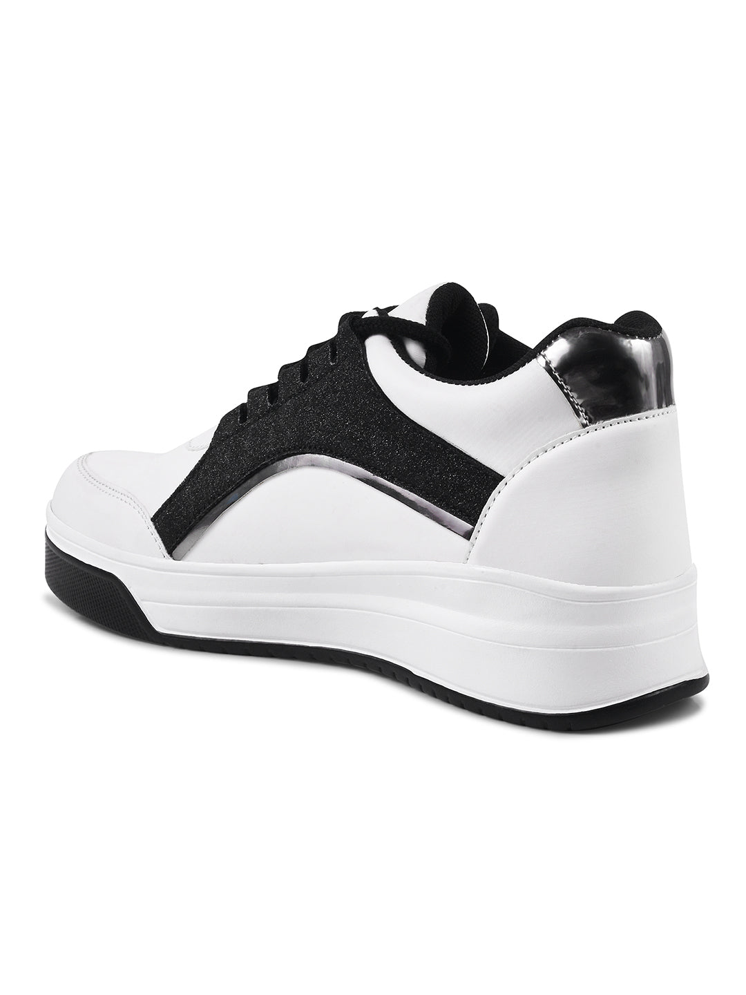 platform lace-up sneakers with a sparkly side panel and a chunky sole
 Black