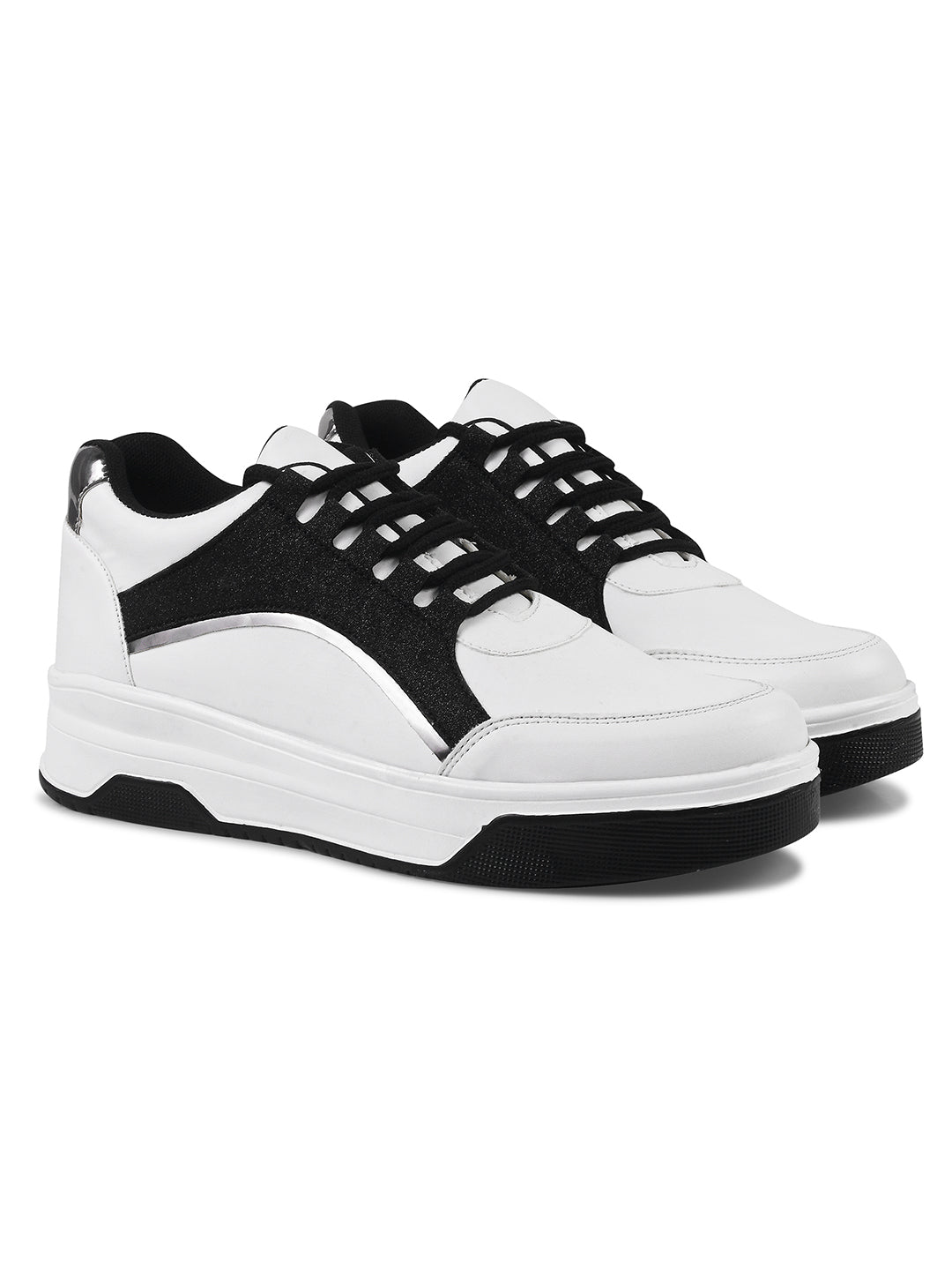 platform lace-up sneakers with a sparkly side panel and a chunky sole
 Black
