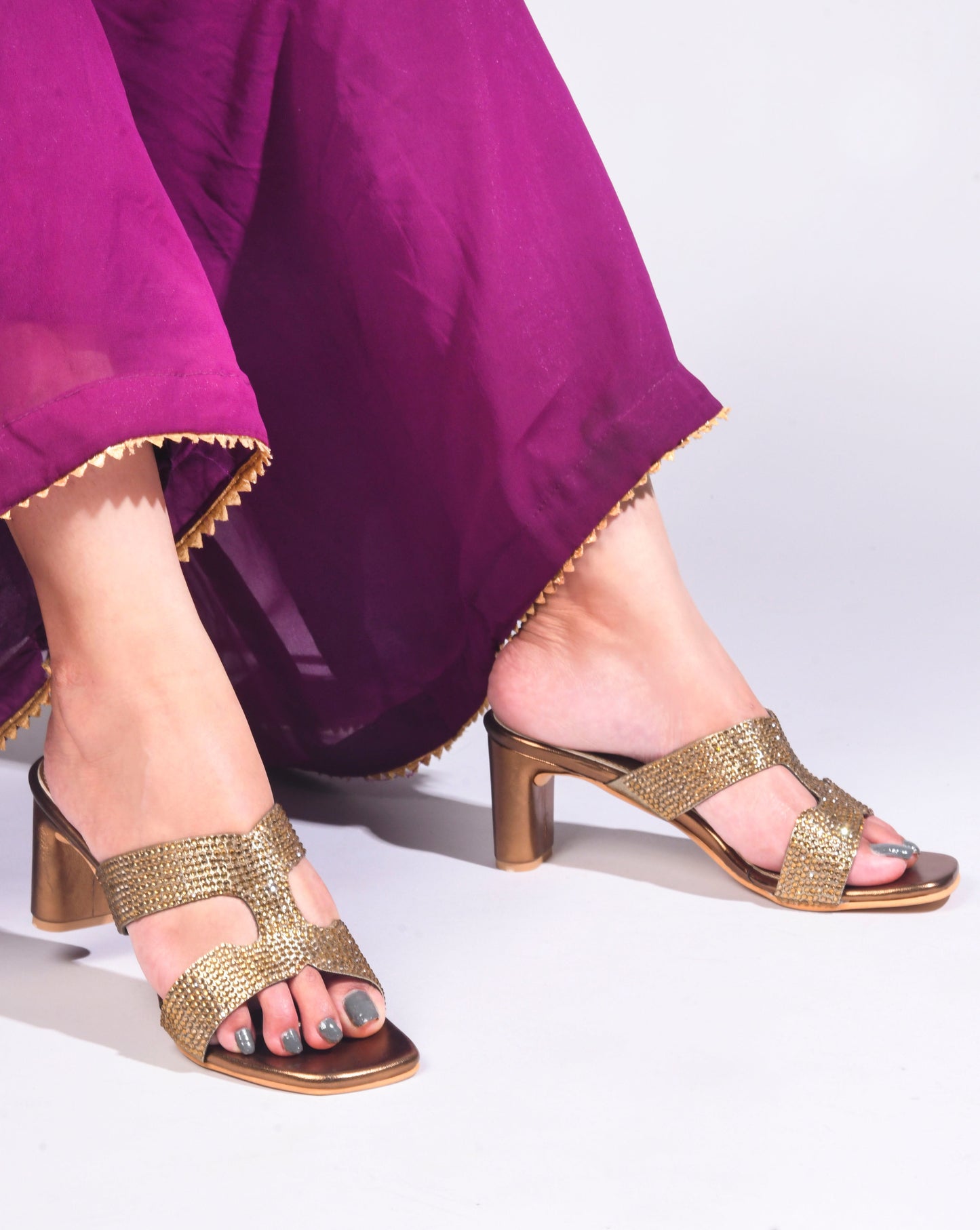 Jm Looks open-toe block heels with sparkling, embellished straps
 Copper