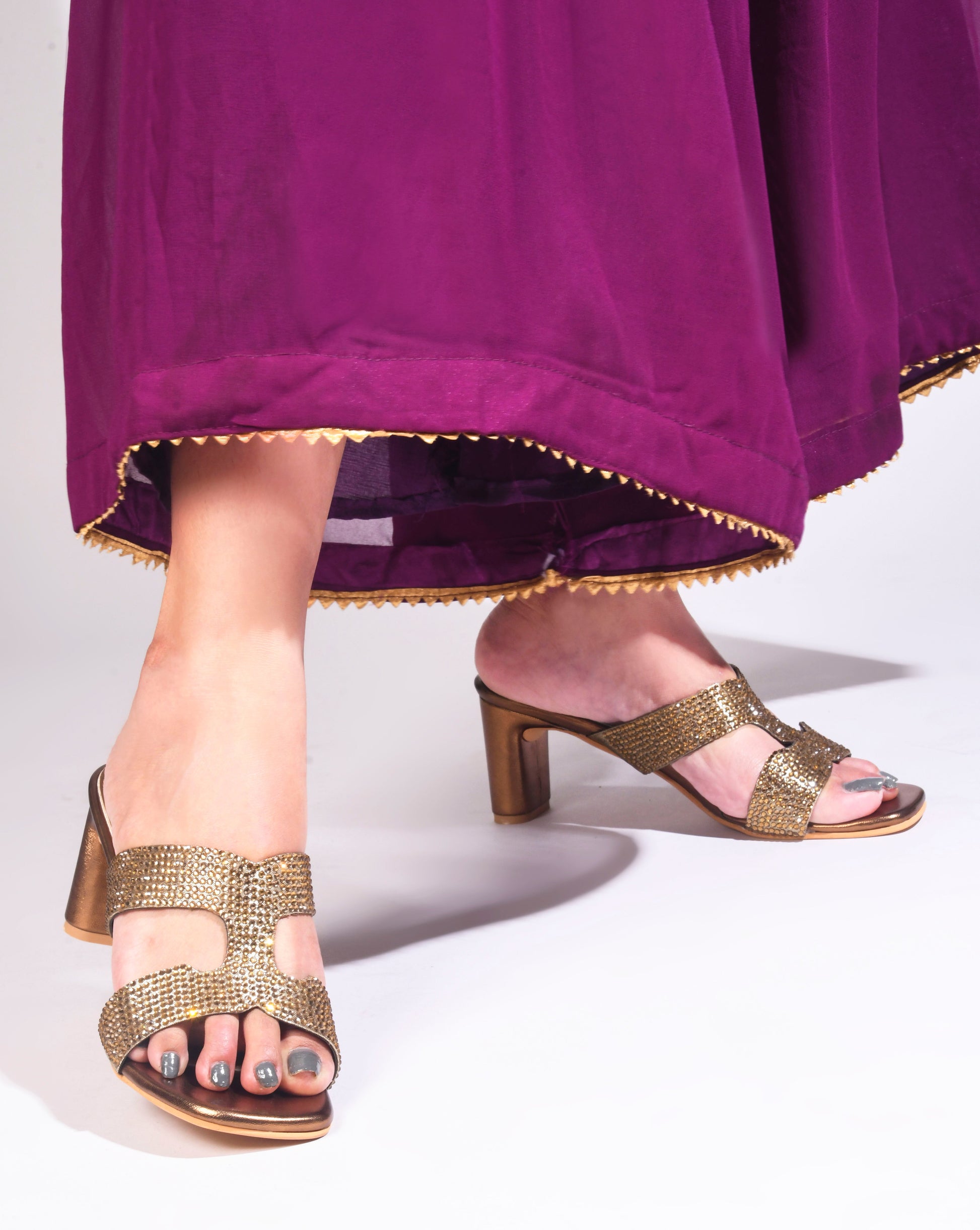 Jm Looks open-toe block heels with sparkling, embellished straps
 Copper