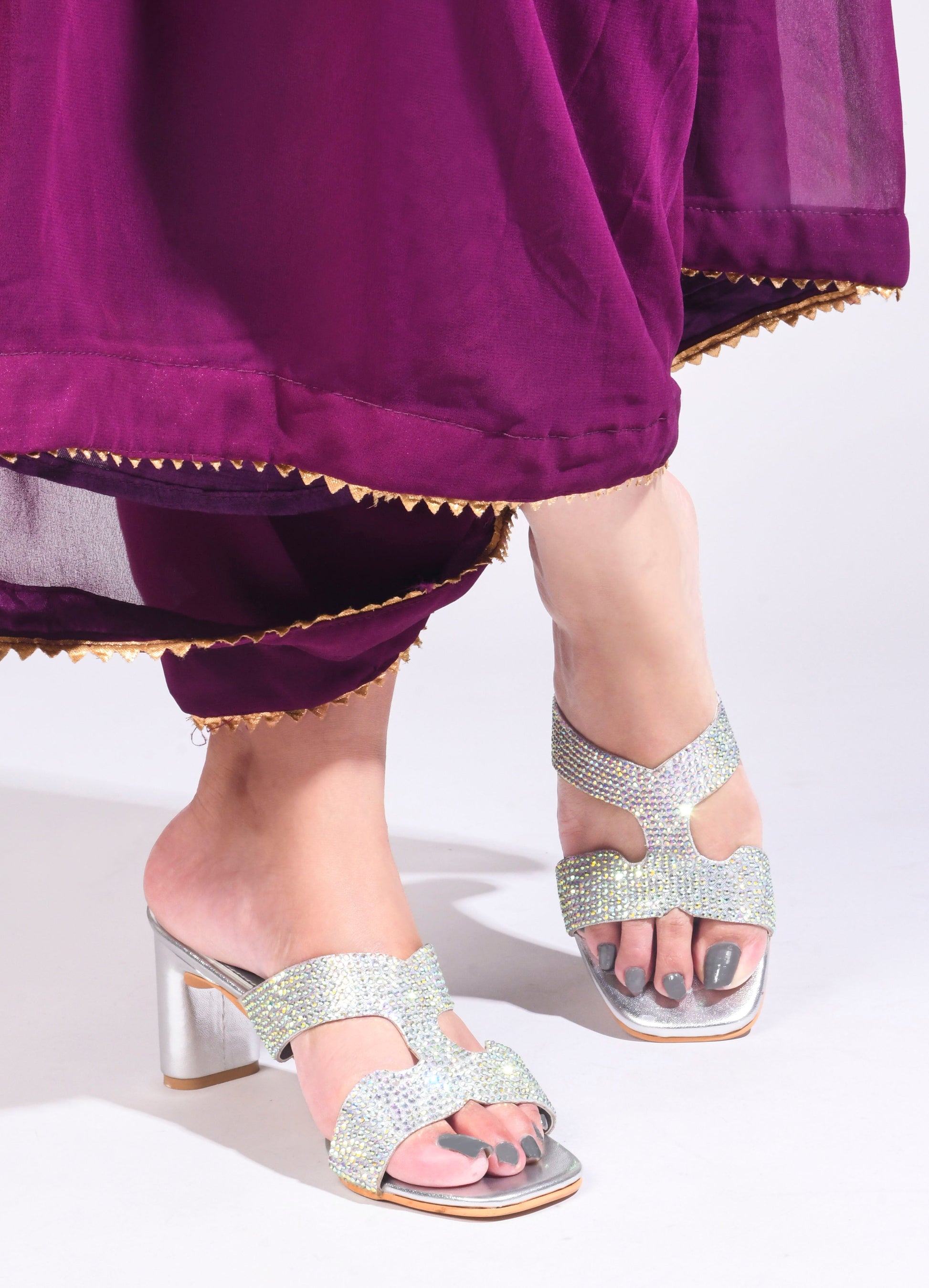 Jm Looks open-toe block heels with sparkling, embellished straps
 Silver