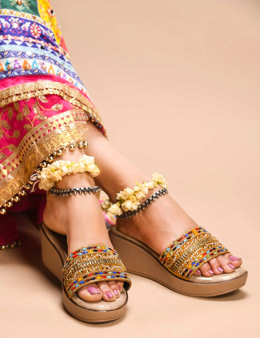 JM Looks Women's Toe-Loop Embroidered Ethnic Sandals | Traditional Flat Slip-Ons Antique