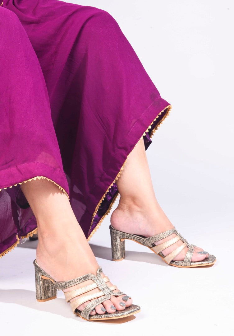 Jm Looks open-toe mules with multiple straps and a textured block heel
 Black