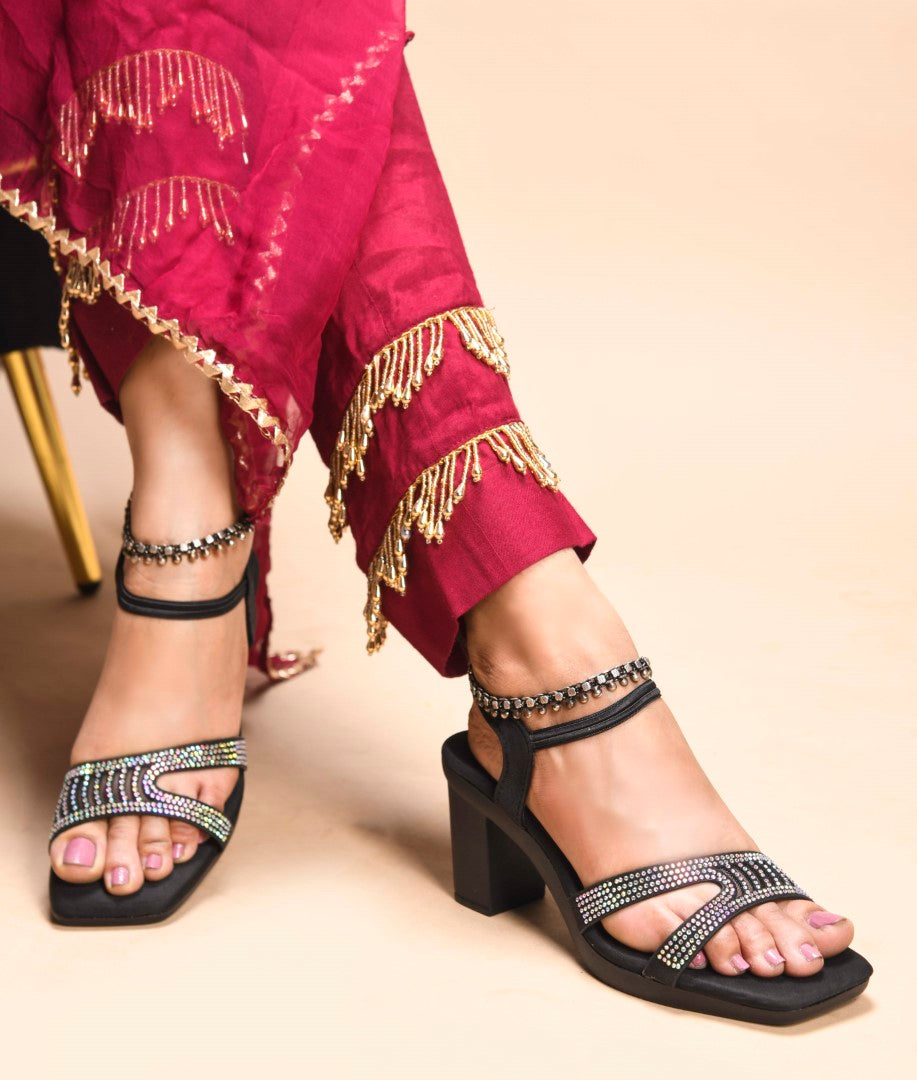 Jm Looks block heels with embellished criss-cross straps and an ankle strap
 Black