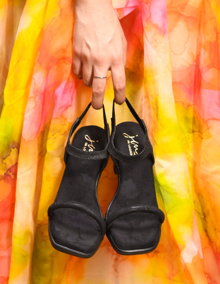 block heel sandals with a simple front strap and an ankle strap
 Black