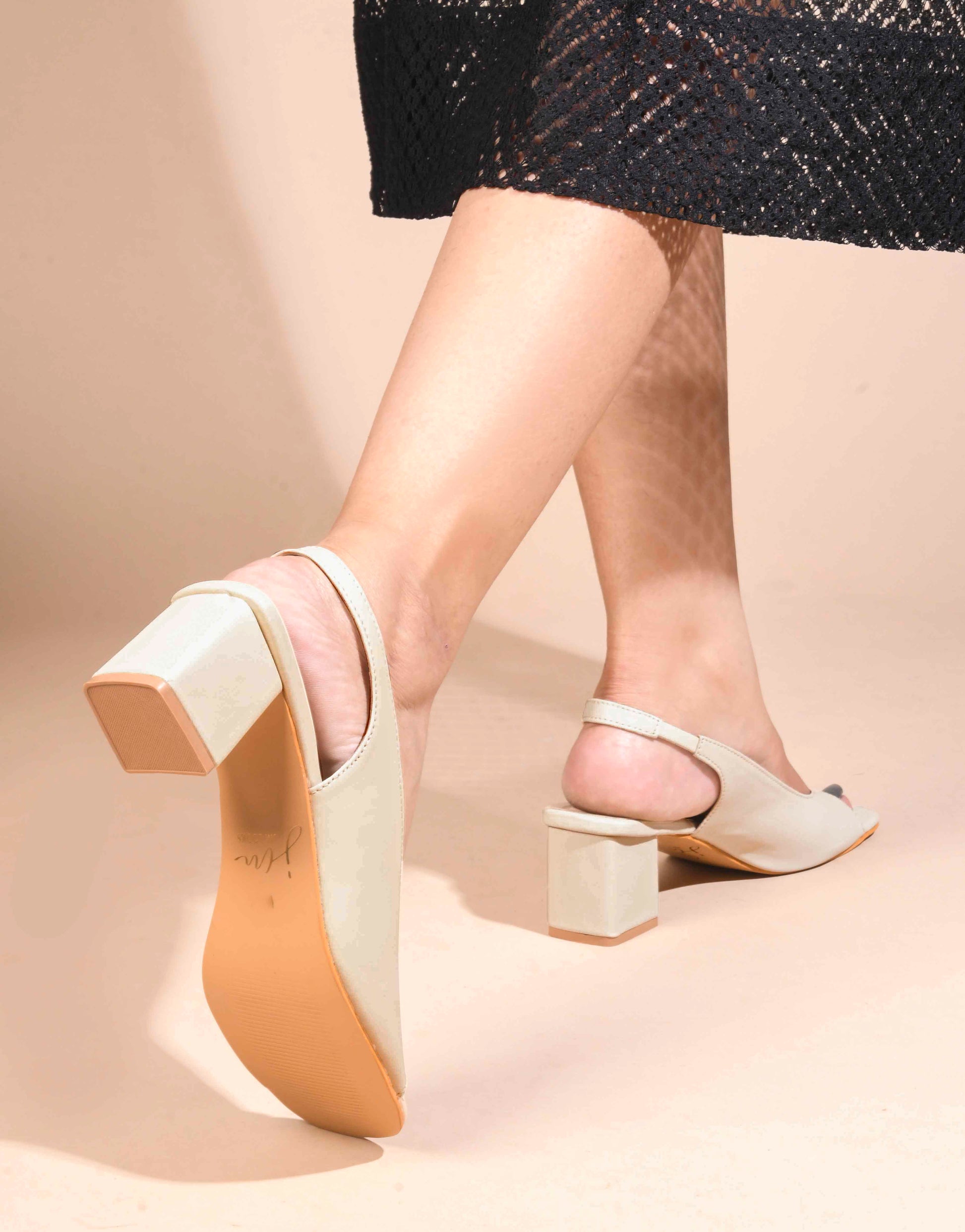 Jm Looks slingback peep-toe heels with a sturdy block heel
 Cream